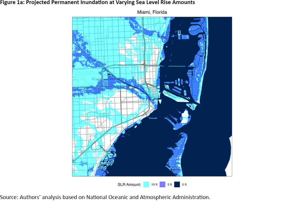 Figure 1a, color-coded map of Miami, Florida showing the projected permanent inundation at varying sea level rise amounts.