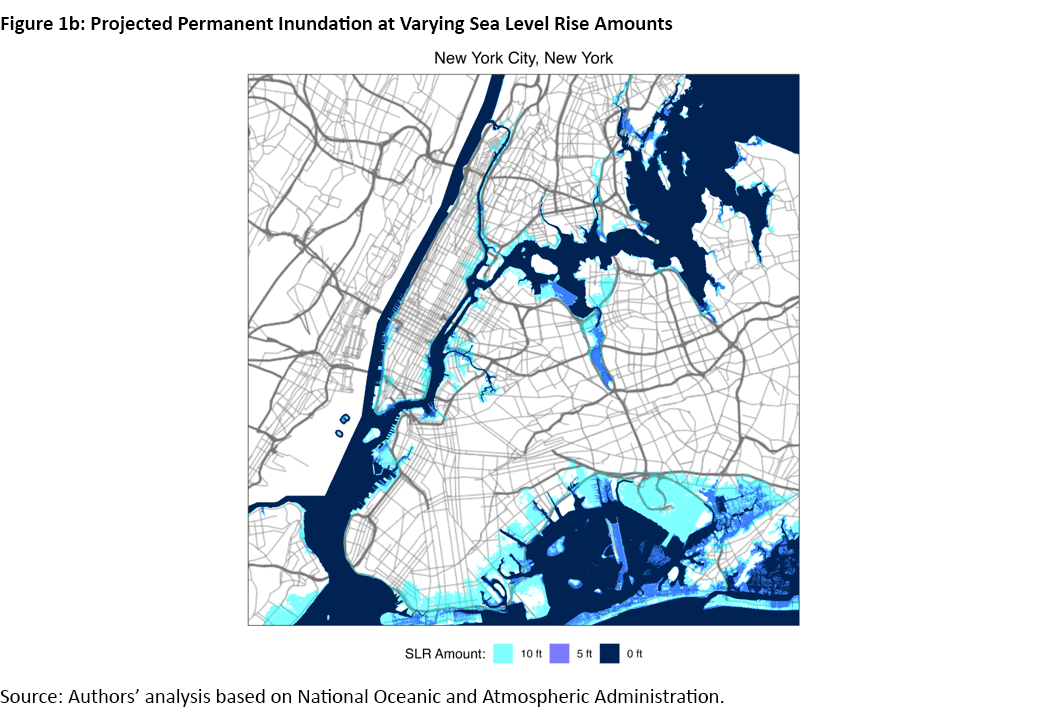 Figure 1b, color-coded map of New York City, New York showing projected permanent inundation at varying sea level rise amounts.