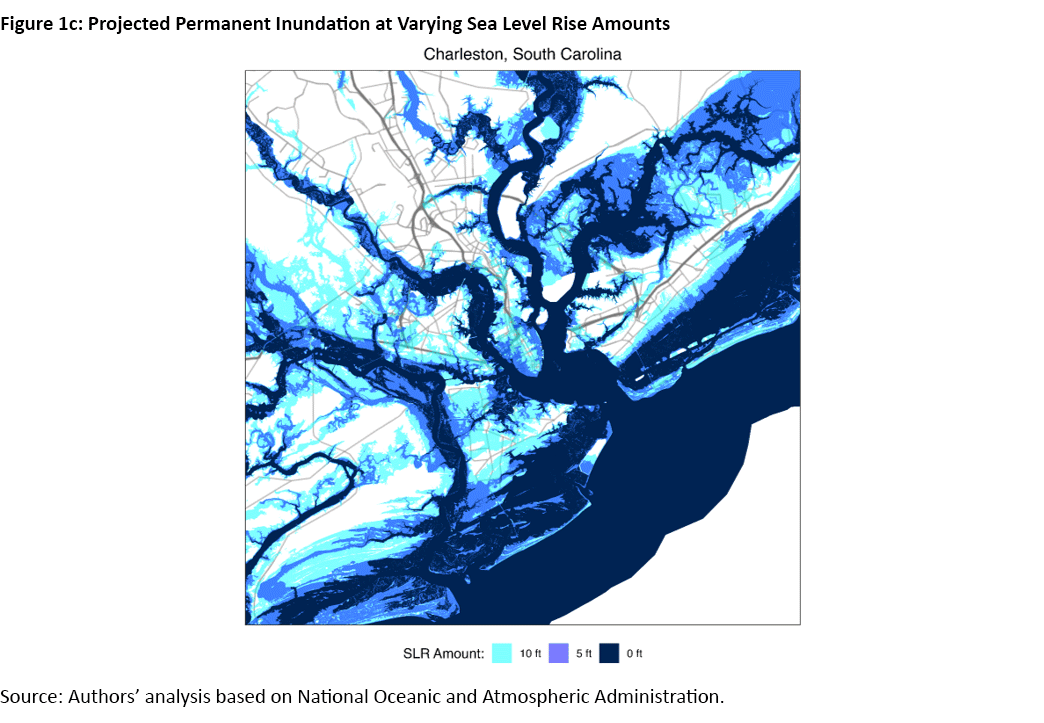Figure 1c, color-coded map of Charleston, South Carolina showing projected permanent inundation at varying sea level rise amounts.