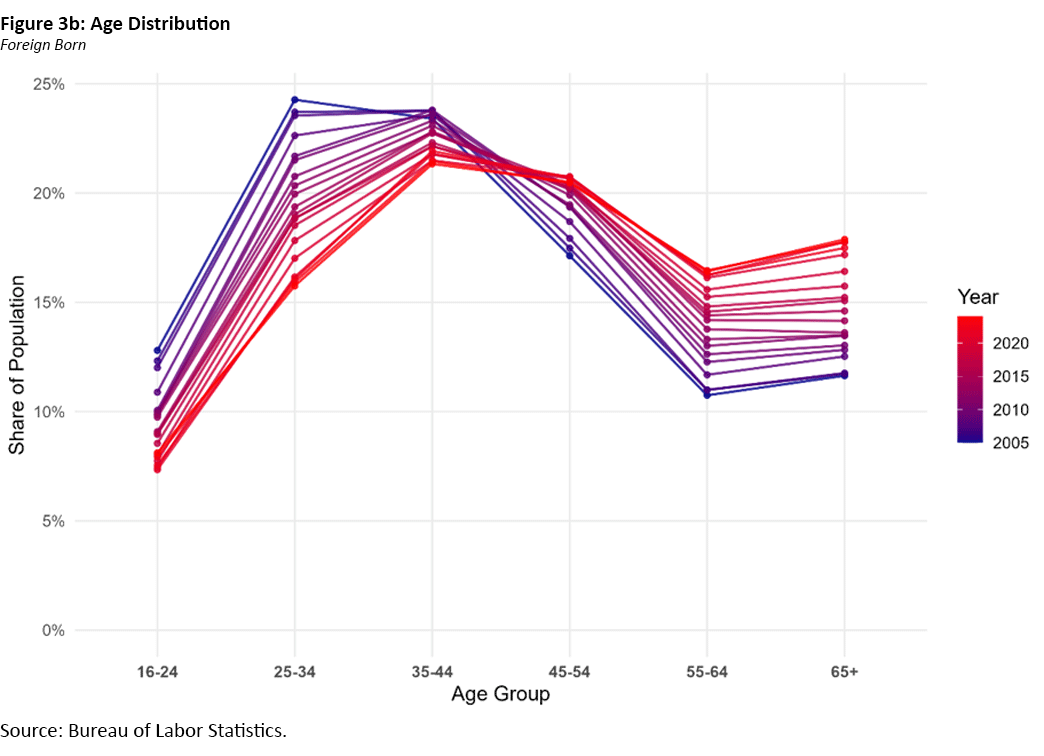 Figure 3b, are chart showing the age distribution for the foreign-born population since 2005.