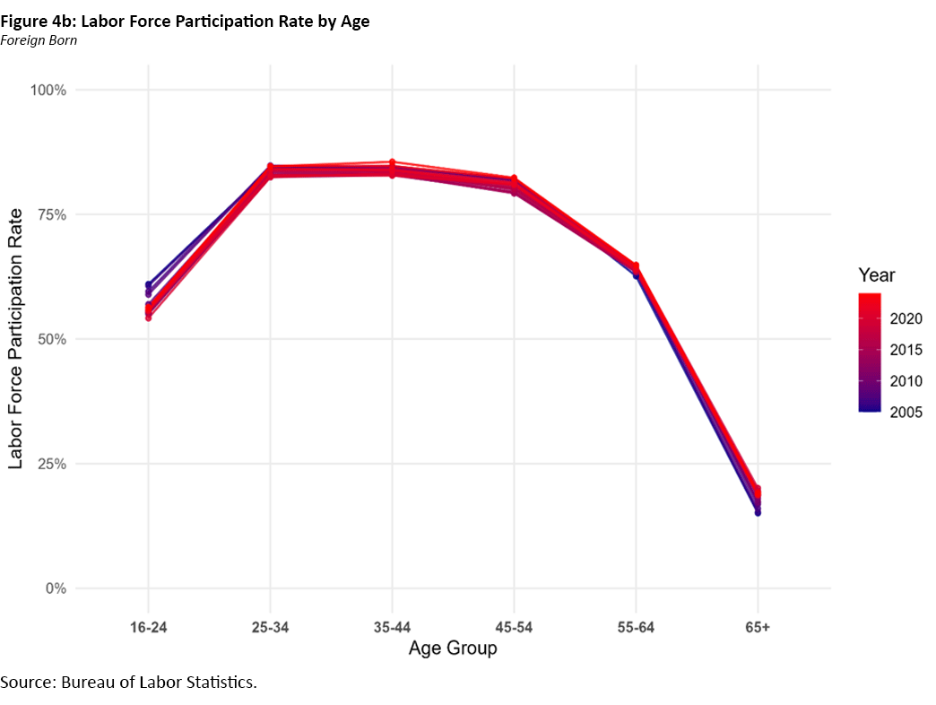 Figure 4b, area chart showing labor force participation by age for the foreign-born population since 2005.