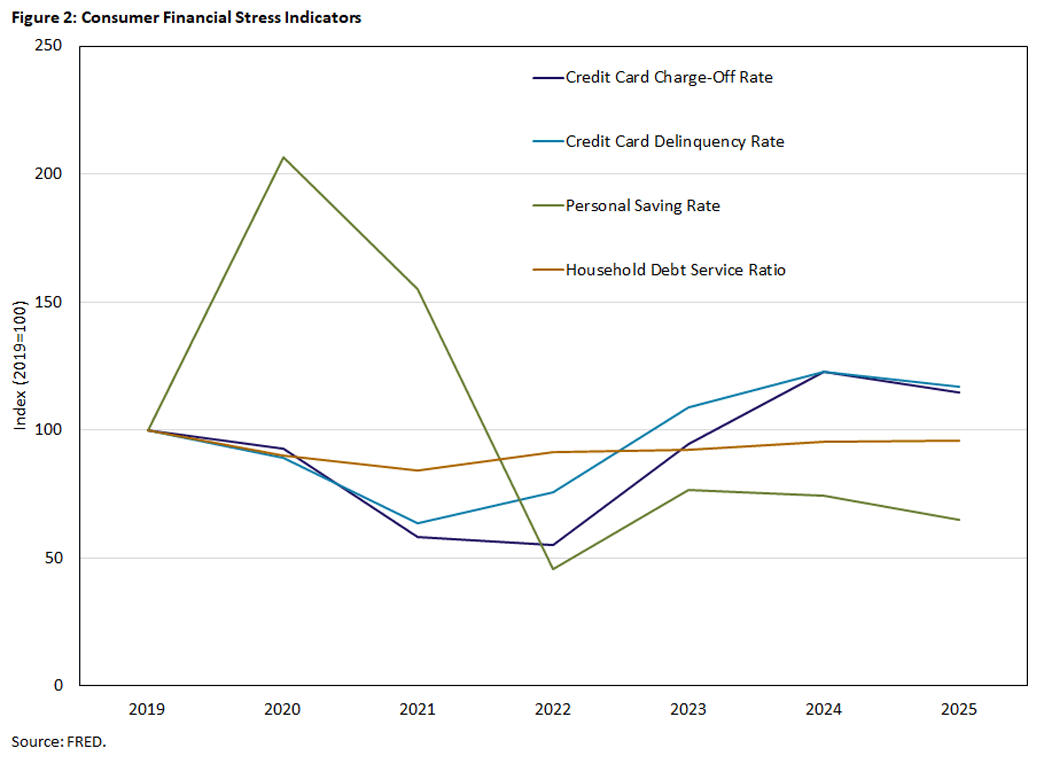 Figure 2, line graph showing consumer financial stress indicators since 2019. Indicators include the credit card charge-off rate, credit card delinquency rate, personal saving rate, and household debt service ratio.