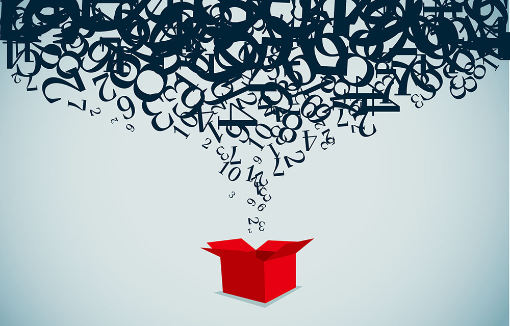 Red box with a flurry of numbers rising out.