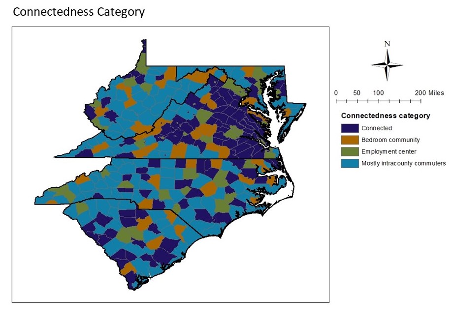 Map of the Fifth District showing the connectedness category that each county belongs in. There are 4 categories: connected, bedroom community, employment center, and mostly intracounty commuters.