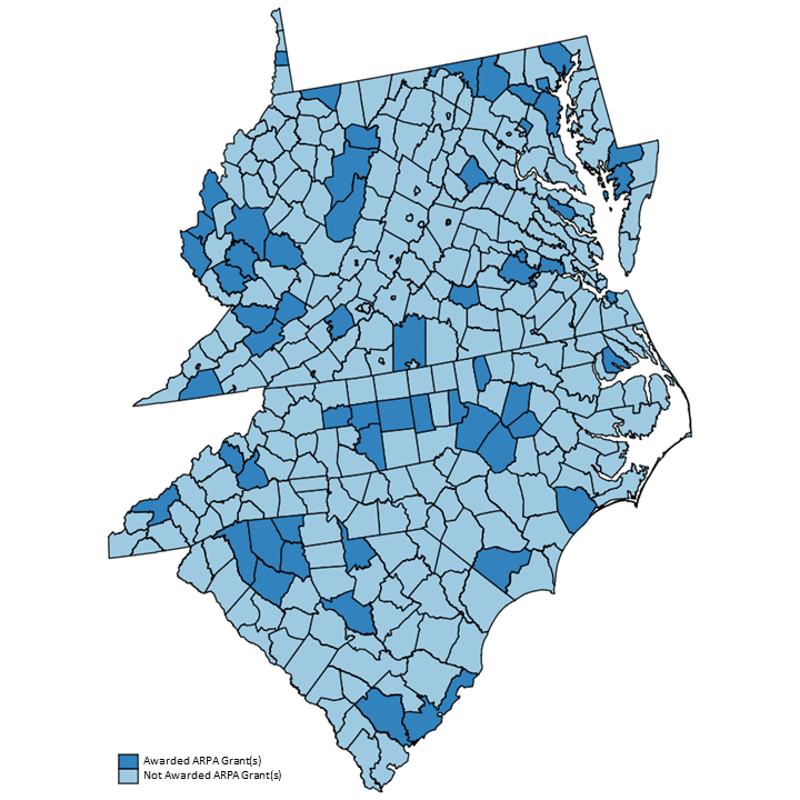 Map of fifth district counties awarded ARPA grants