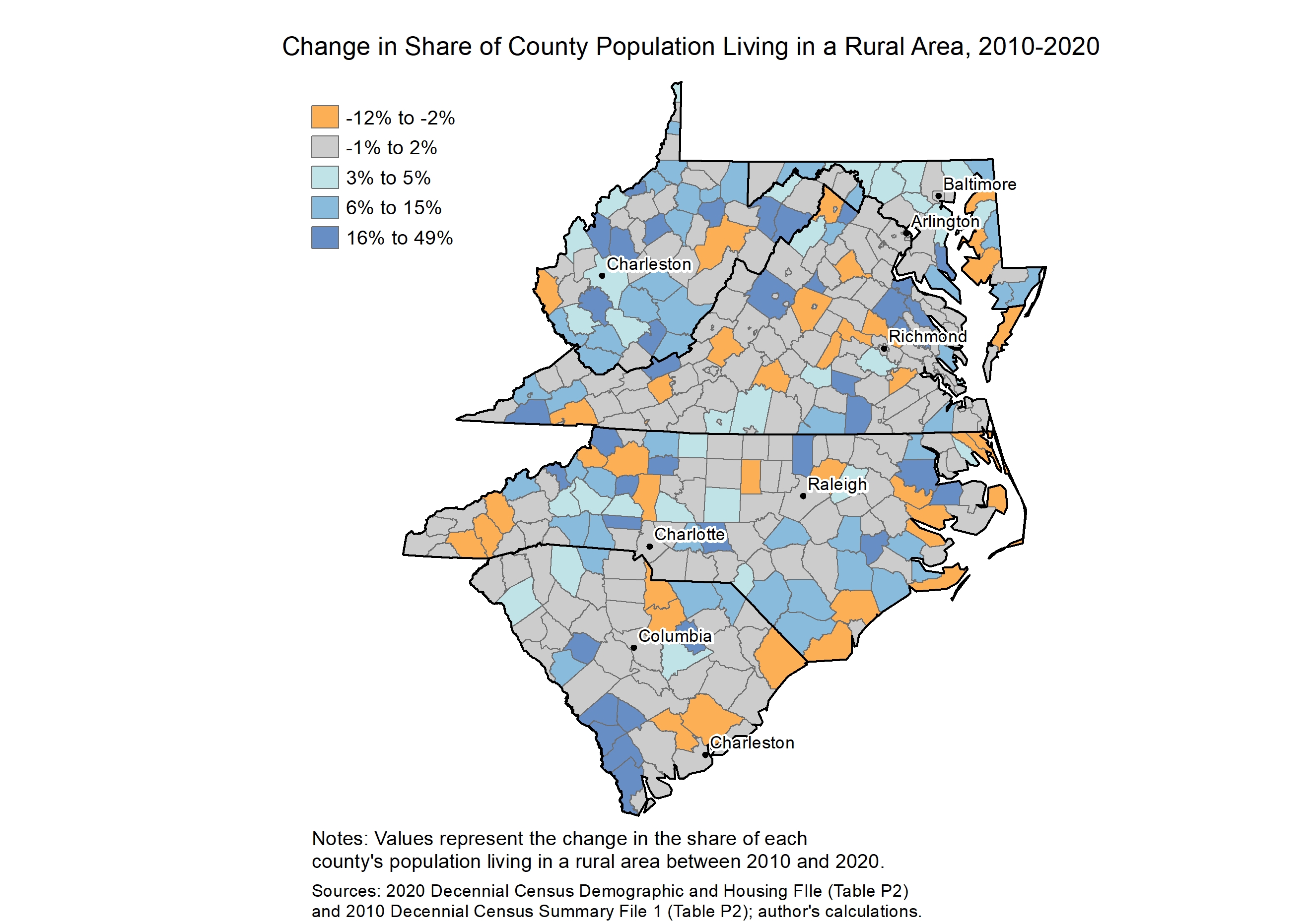 Chart of the Fifth District showing percent change in share of county population living in a rural area between 2010 and 2020.
