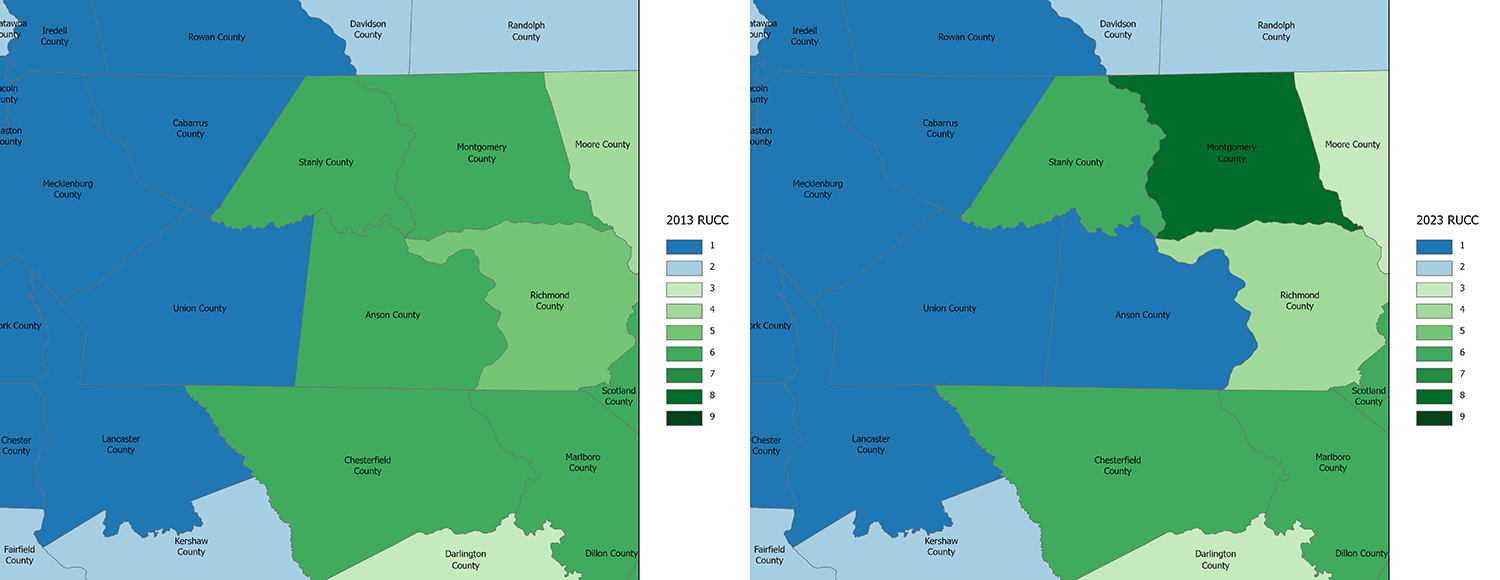 Map of Anson County and its surrounding counties showing the R U C C level for 2013 vs 2023.