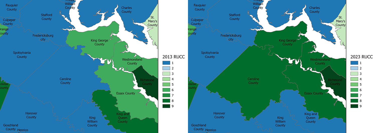 Map of Caroline County and its surrounding counties showing the R U C C level for 2013 vs 2023.