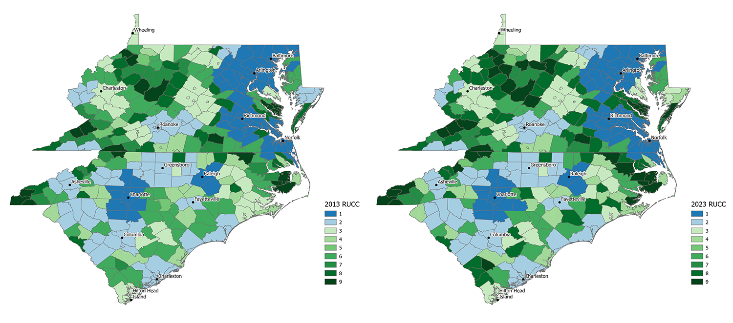 Map of the Fifth District with county lines showing the R U C C level for 2013 vs 2023.