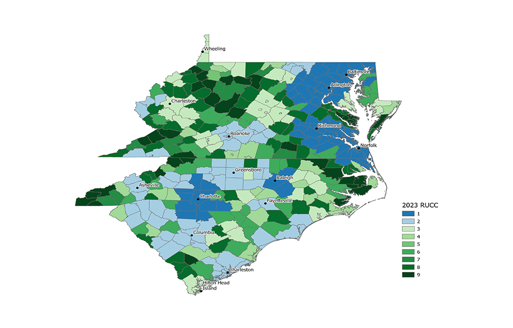 Map of the Fifth District showing the R U C C level for each county.