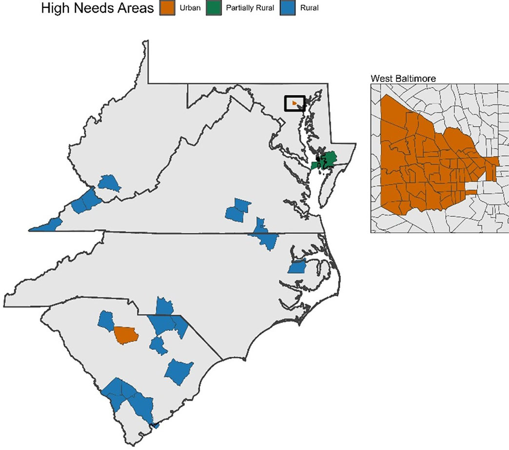Color-coded map of the Fifth District showing which counties are high need areas and whether they are urban, partially rural, or rural. A close up of West Baltimore is included.