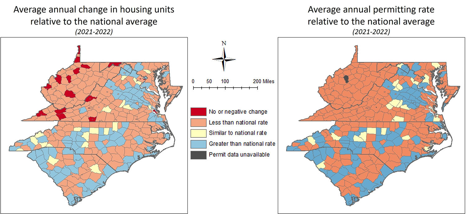 Two color-coded Fifth District maps with the left one showing the average annual change in housing units relative to the national average and the right one showing the average annual permitting rate relative to the national average. Data for both maps is between 2021 and 2022.