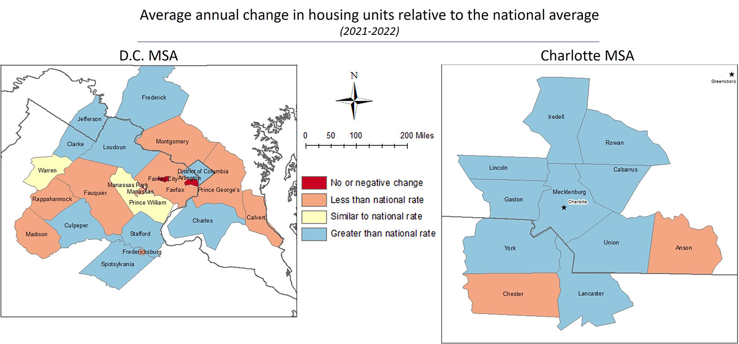 Two color-coded maps, one of the D.C MSA and the other of the Charlotte MSA. They show the average annual change in housing units relative to the national average between 2021 and 2022.