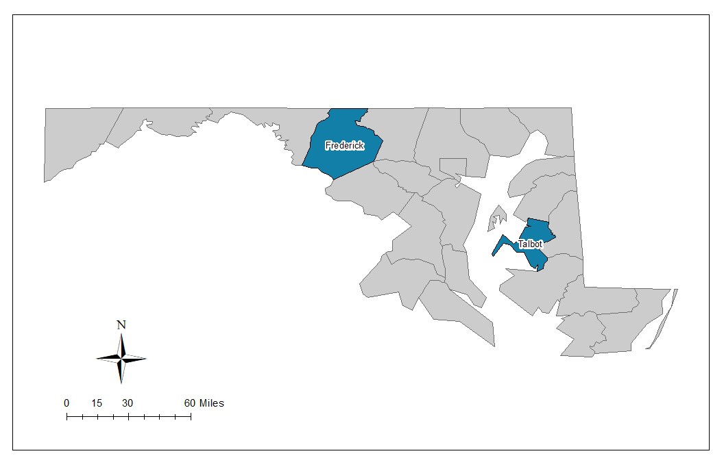 Map of Maryland with the counties of Frederick and Talbot highlighted.