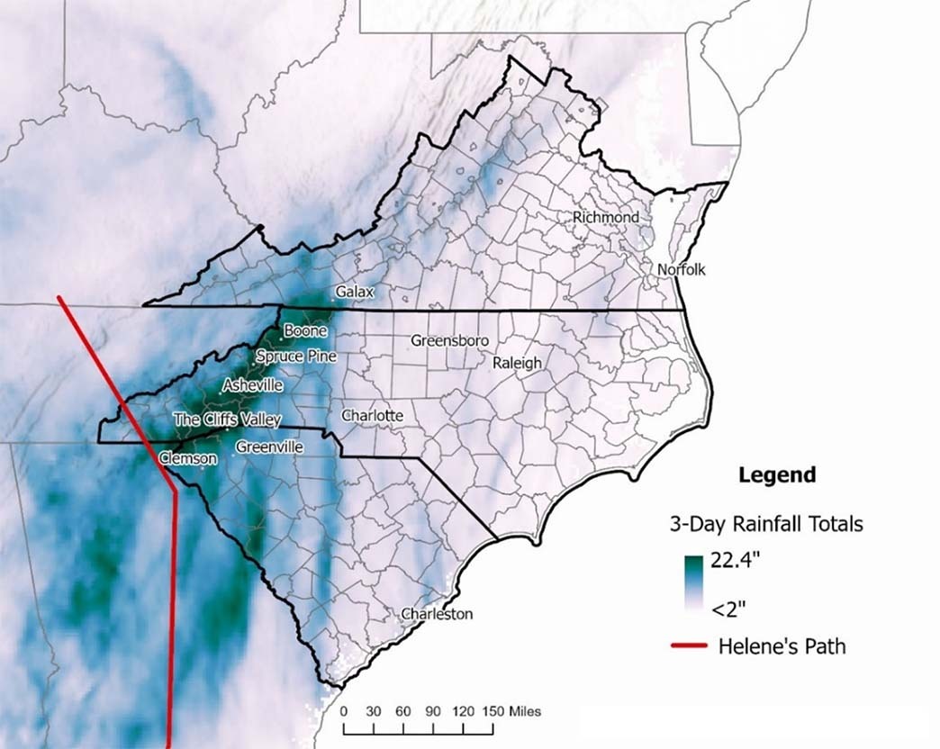 Map of Virginia, North Carolina, and South Carolina showing the 3-day rainfall total for each county. Helene&quot;s path is noted with a red line.