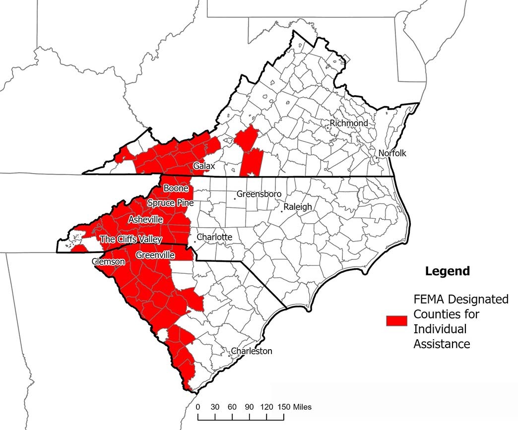 Map of Virginia, North Carolina, and South Carolina showing when counties are FEMA designated for individual assistance.