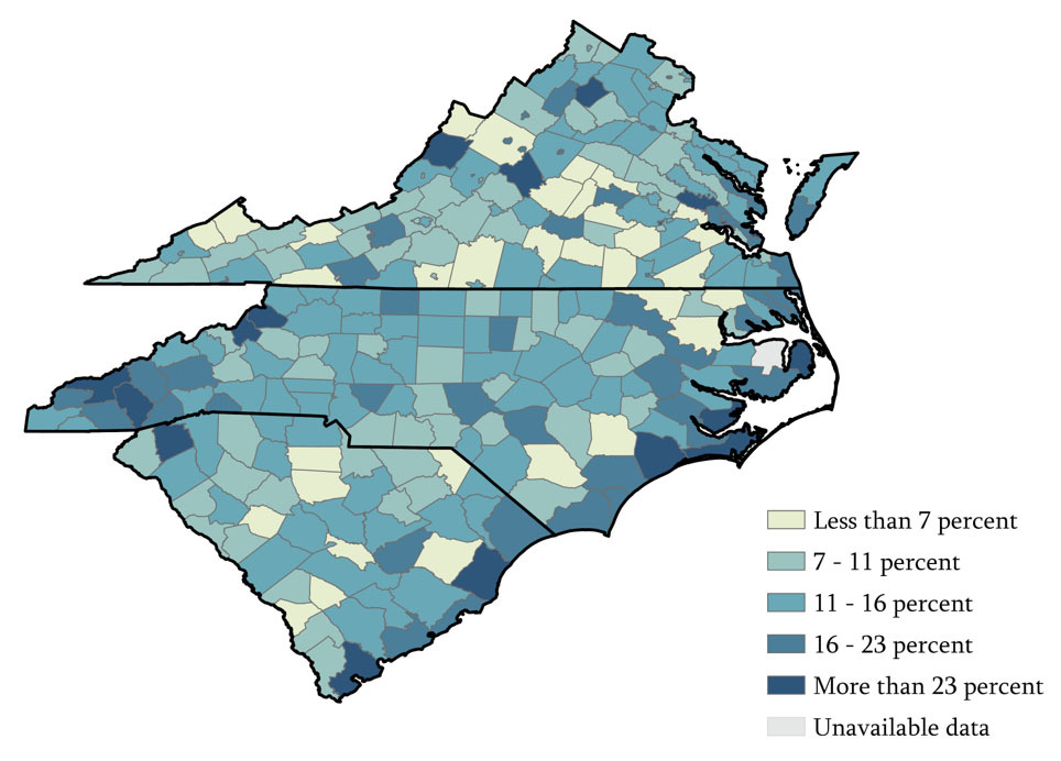 Map of Virginia, North Carolina, and South Carolina showing the percent of employees in each county employed in the leisure/hospitality industry.