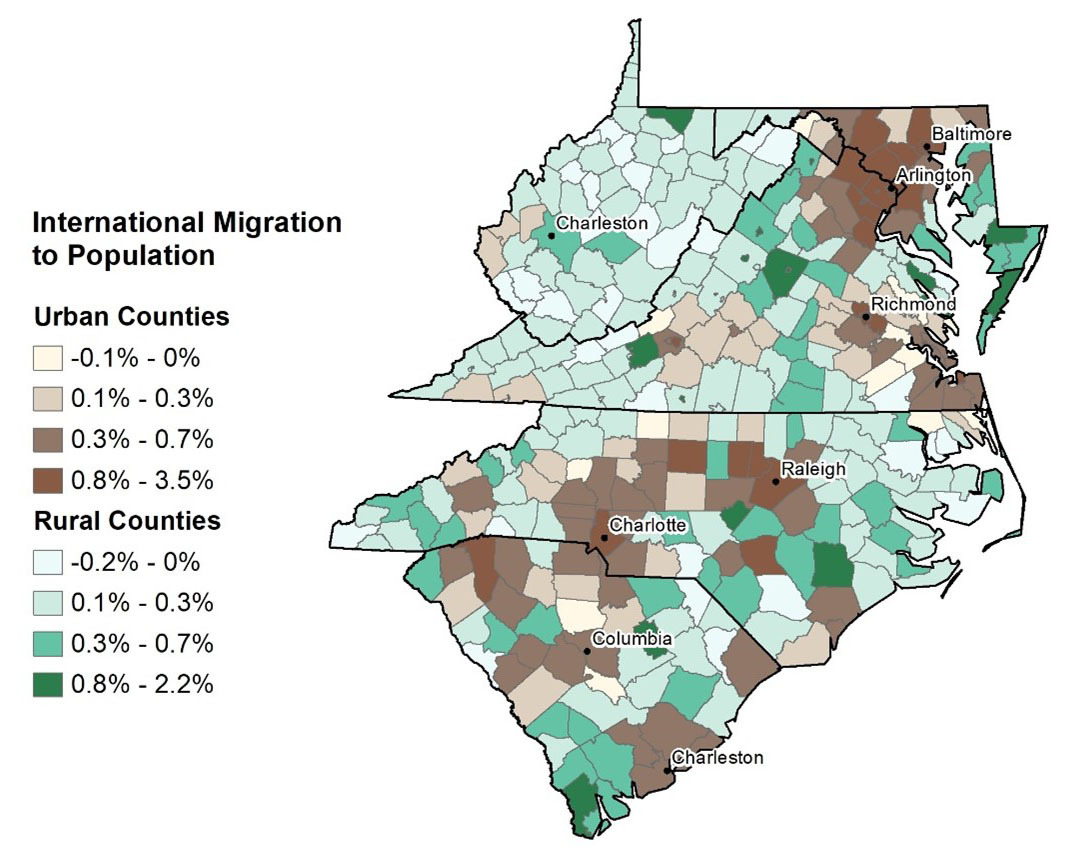 Color-coded map of the Fifth District showing the percentage change in international migration to the population of each county.