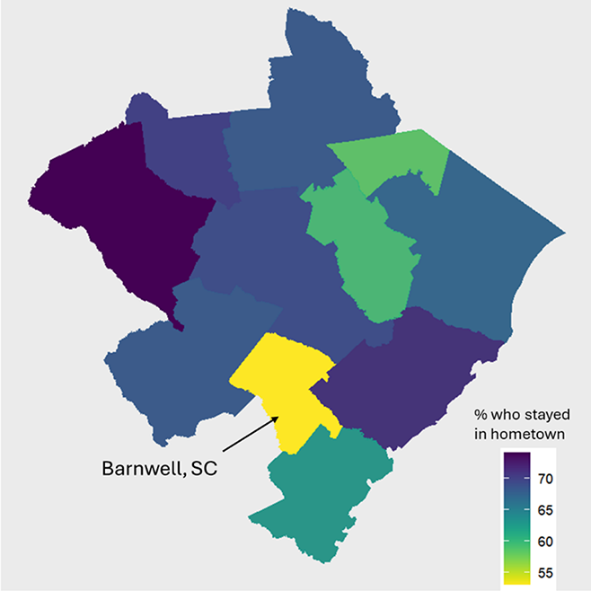 Color-coded map of counties in South Carolina showing the percentage of young adults who stayed in their hometown.