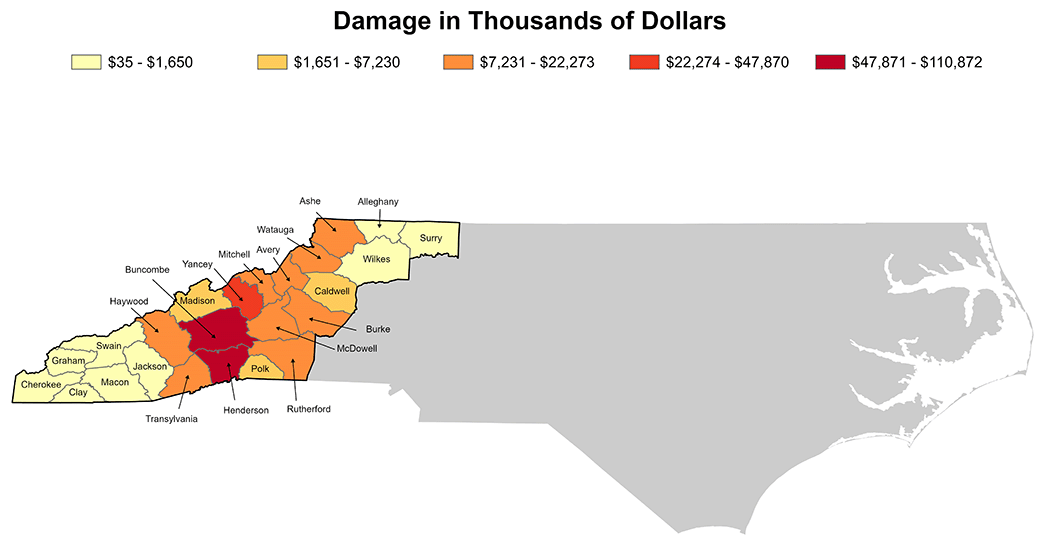 Color-coded map of Western North Carolina showing the assessed damage in thousands of dollars for each county.