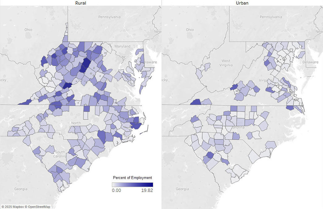 Map of the Fifth District using shading to illustrate the percentage of farming jobs in each county for 2022.
