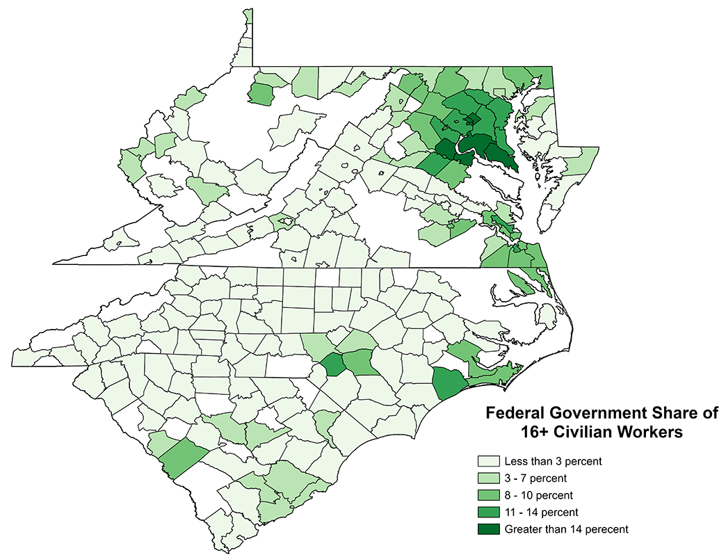 Map showing the federal share of civilian workers aged 16 and older in the Fifth District states. Workers are present in every state, mainly concentrated in the Northeastern part of Virginia.
