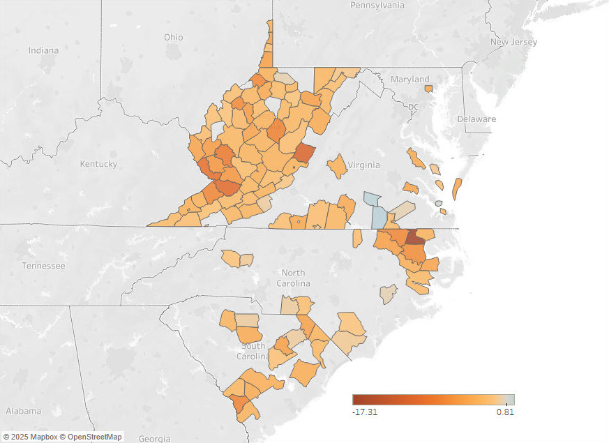 Color-coded map of the Fifth District showing changes in working age population growth in rural counties that experienced population declines in 2010 through 2023.