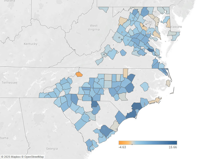 Color-coded map of the Fifth District showing changes in working age population growth in urban counties that experienced population declines in 2010 through 2023.