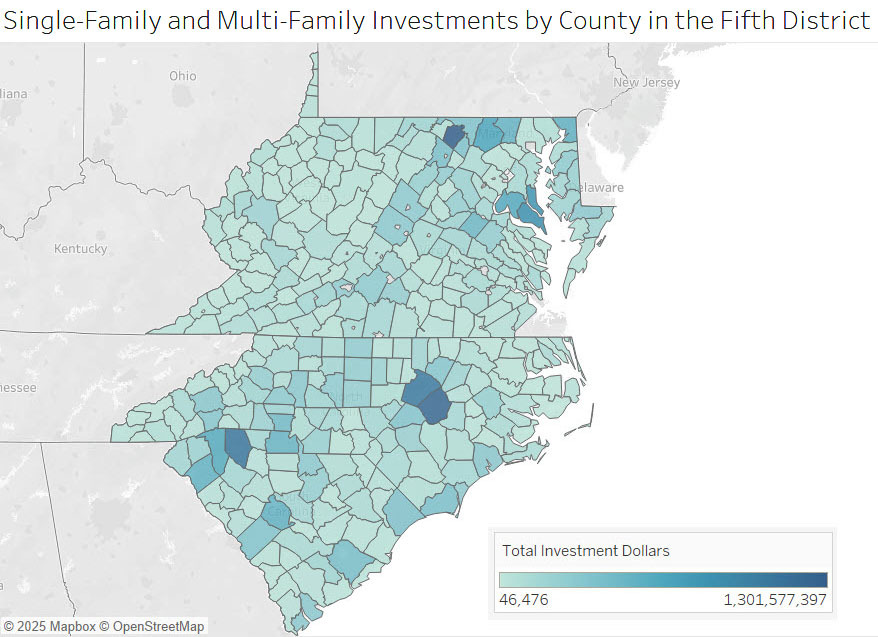 Color-coded map of the Fifth District states (West Virginia, Maryland, Washington D.C., Virginia, North Carolina, and South Carolina) showing single-family and multi-family investments by county.