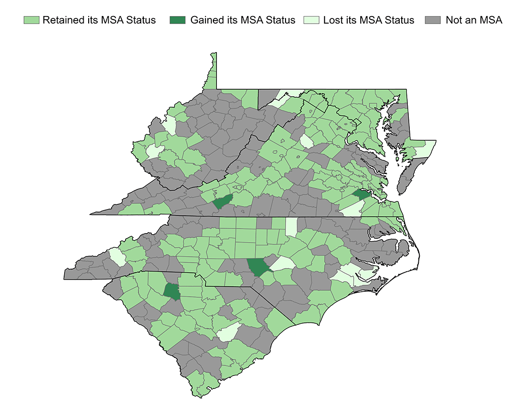 Color-coded map of the Fifth District showing the metropolitan statistical area status of counties since 2020.