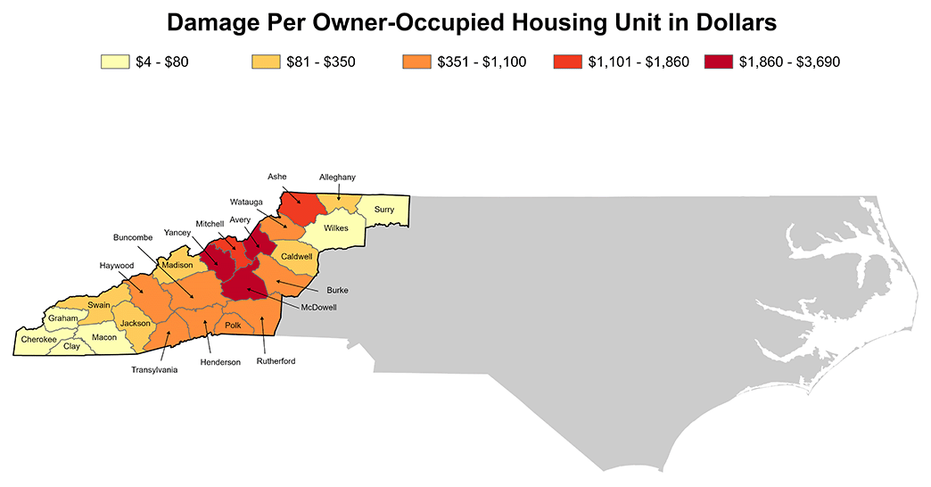 Color-coded map of Western North Carolina showing the assessed damage per owner-occupied housing unit in dollars for each county.
