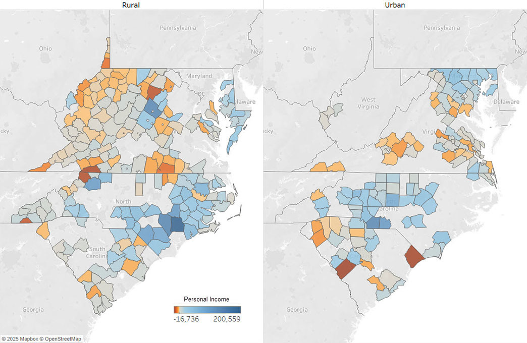 Map of the Fifth District using shading to illustrate the amount of personal income generated by farming in each county for 2023.