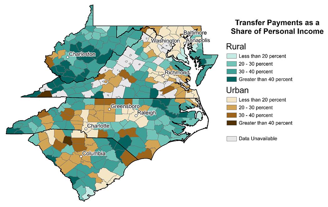 Color-coded map of the Fifth District showing transfer payments as a share of personal income for each county. Rural and urban counties are differentiated with separate colors.