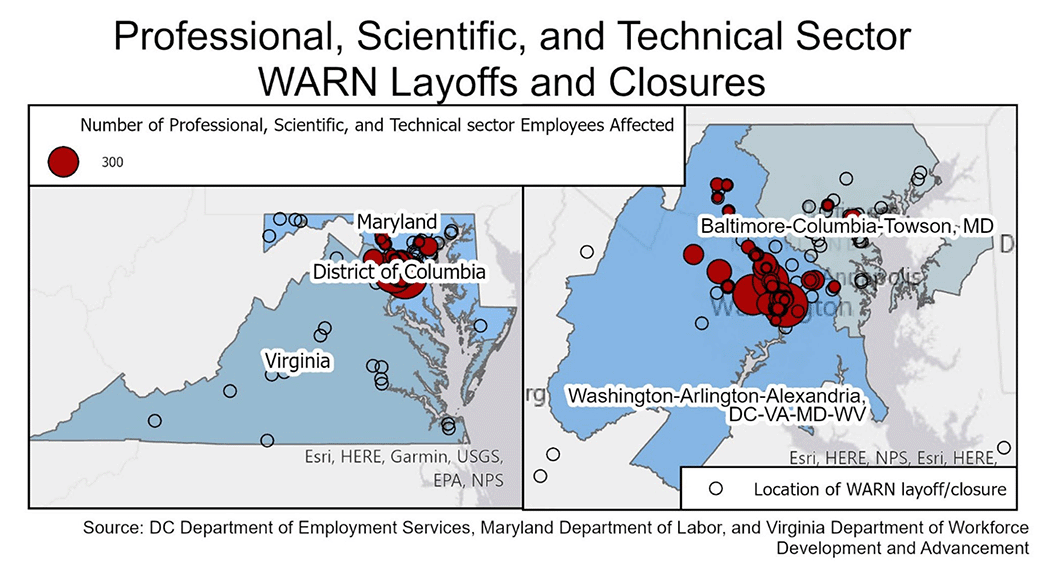 Map of Virginia, D.C., and Maryland showing the location of professional, scientific, and technical sector WARN layoffs and closures.