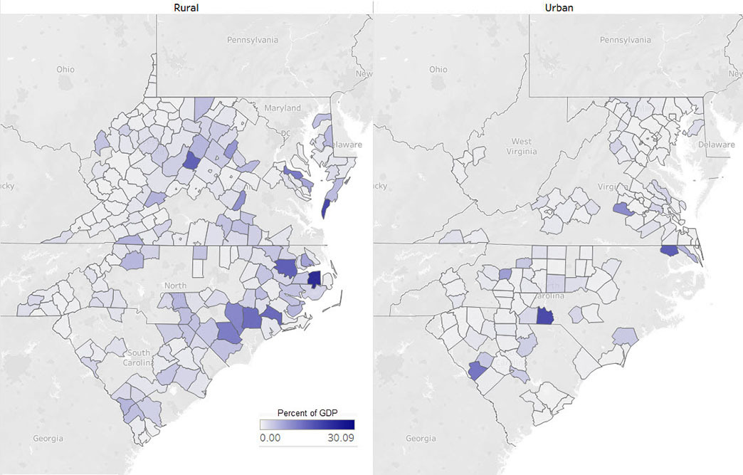 Map of the Fifth District using shading to illustrate the value of agriculture&quot;s share of GDP in each county for 2023.