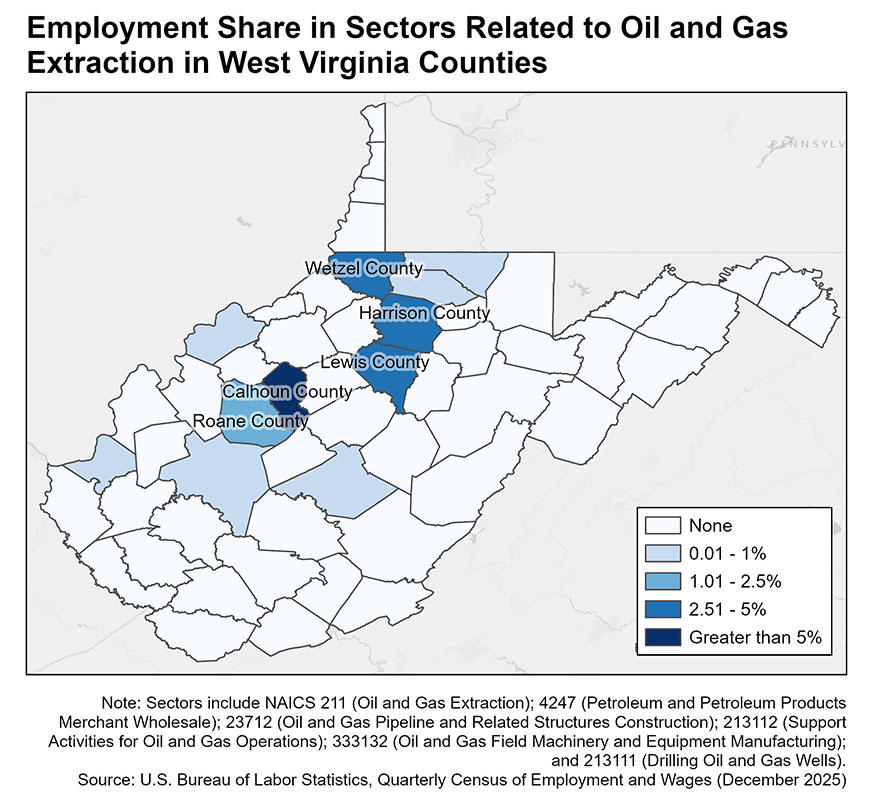 Map of West Virginia showing the employment share in sectors related to oil and gas extraction in West Virginia counties.