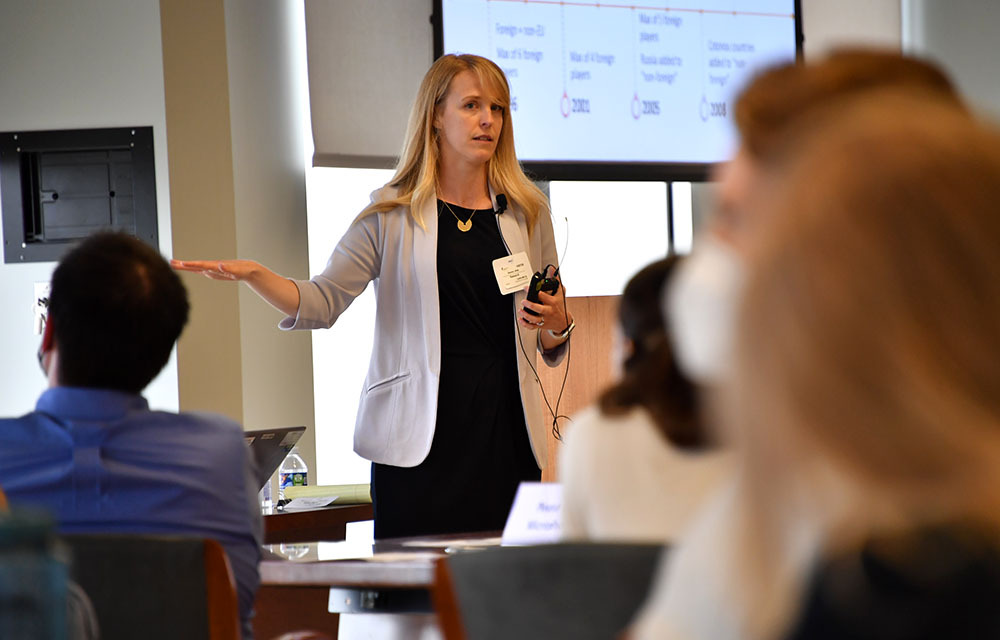 Britta Glennon presenting the paper “Does Employing Skilled Immigrants Enhance Competitive Performance? Evidence from European Football Clubs”