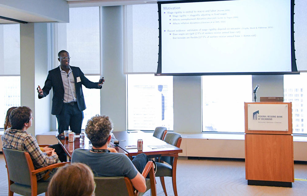 Abdoulaye Ndiaye presenting "Bonus Question: How does wage rigidity affect unemployment dynamics?", joint with Meghana Gaur, John Grigsby and Jonathon Hazell