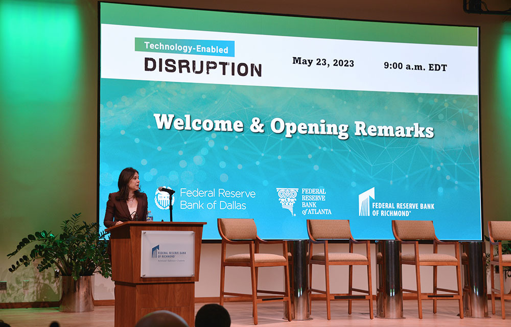 Dallas Fed President Lorie Logan provides opening remarks during day two of the conference.