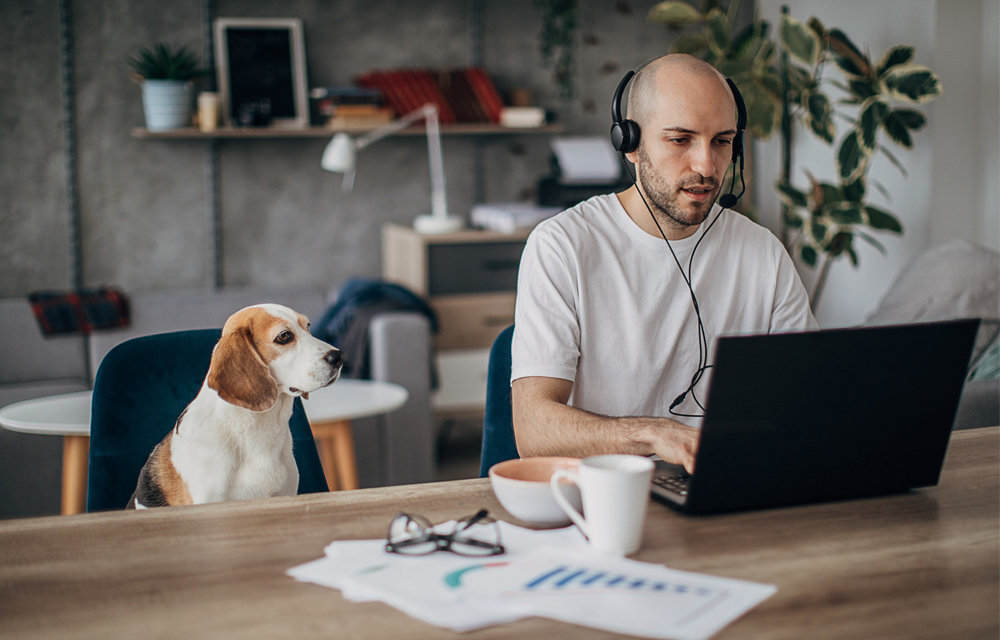 Man working from home with his faithful dog at his side