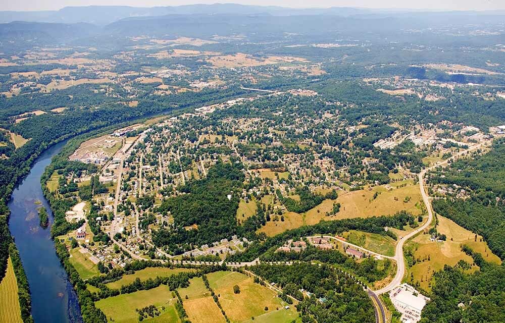 aerial view of Radford, Virginia, in the New River Valley