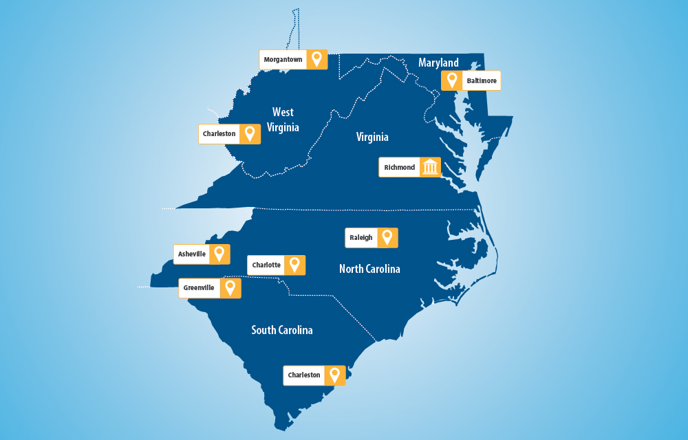 A map of the Fifth District states and their major cities labeled