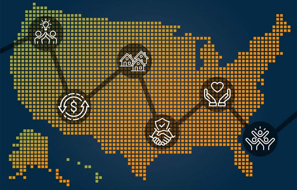 Yellow dotted map of the United States on a dark blue icon, with various icons linked to each other atop the map.