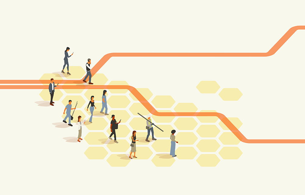 Stock photo of people walking a forked pathway on a light yellow background