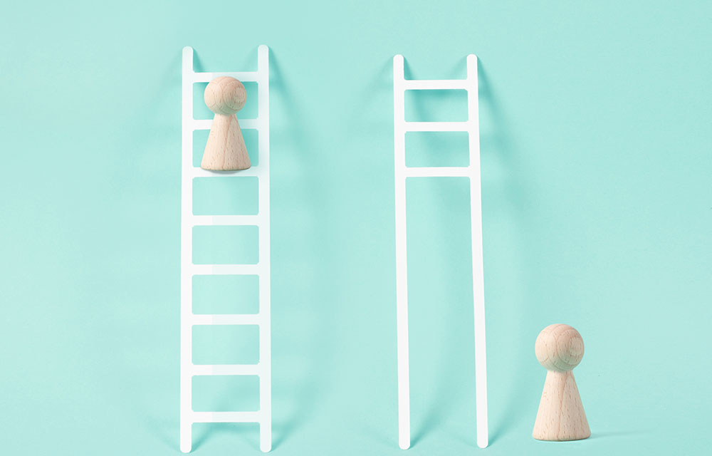 symbolic image of pawns climbing ladders and one ladder is missing rungs