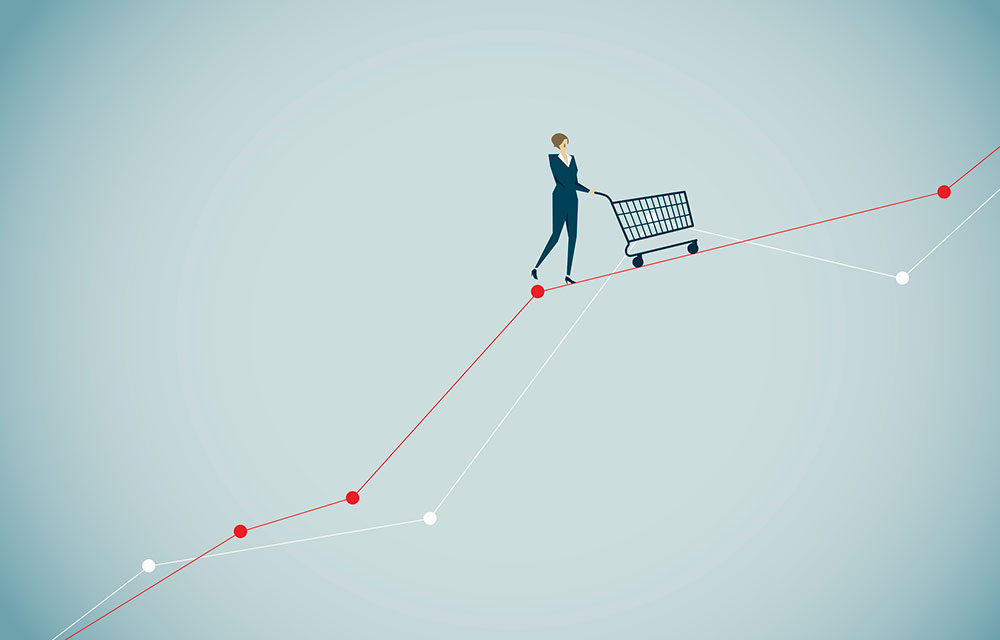 an illustration of a figure pushing a cart up a line chart