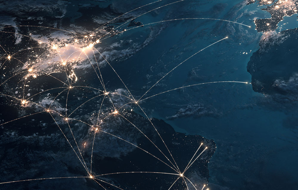 Overhead shot of Earth with global connections highlghted