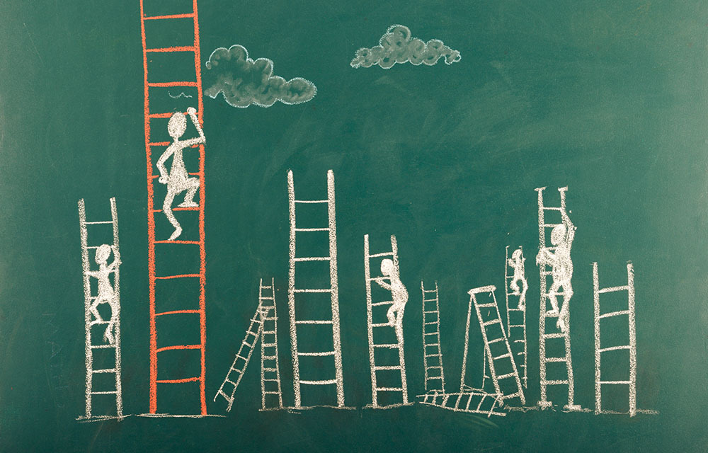 Stick figures climbing ladders of different sizes
