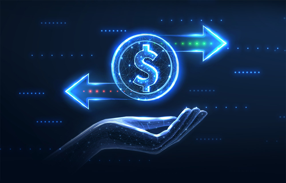 Dollar sign within a circle, floating above an outstretched hand, with arrows coming out of the left and right sides