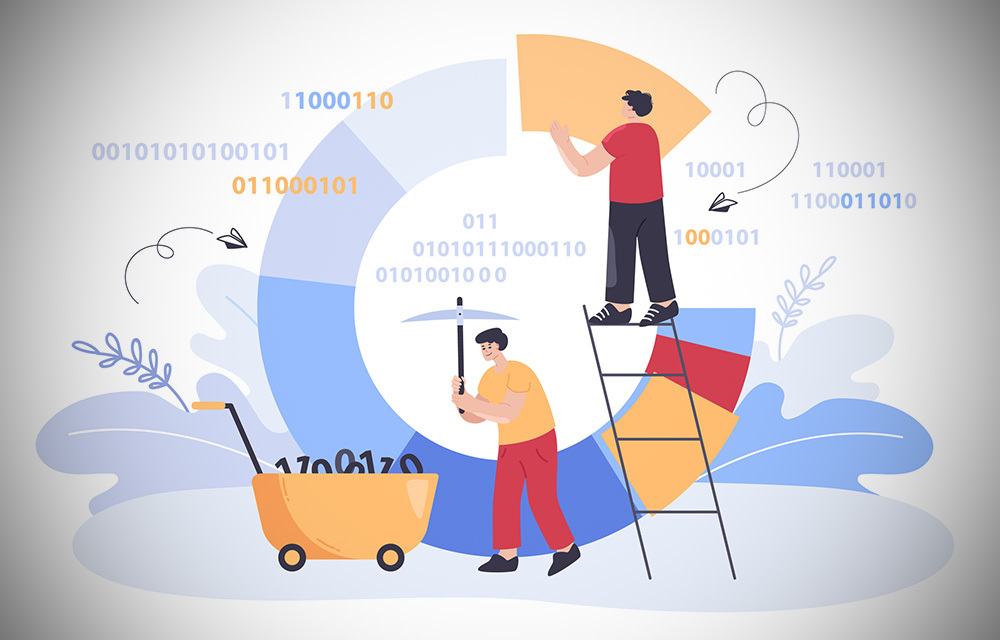 Cartoon of people mining zeros and ones from a pie chart